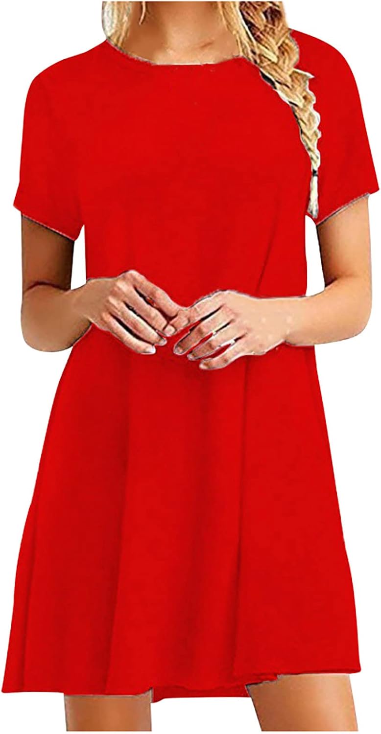 xihuanjinxia Dresses Women's 2022 Elegant Knee Length Short Sleeve Crew Neck T Shirt Dress Summer Solid Print Flowy Dress