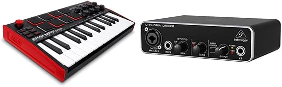AKAI Professional MPK Mini MK3 – 25 Key USB MIDI Keyboard Controller with 8 Backlit Drum Pads & Behringer UMC22 Audiophile 2x2 USB Audio Interface with Midas Mic Preamplifier