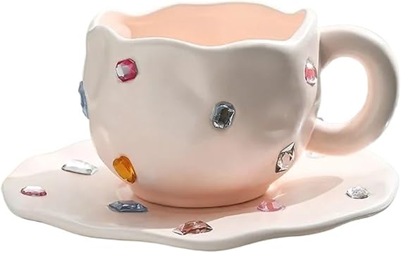 Tea Cup and Saucer Set Gem Ceramic Coffee Cup and Dish Set, Party Niche, Hand-Painted, Handcrafted, Water CupsPink
