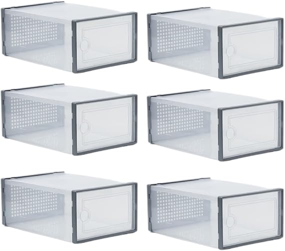 Stackable Shoe Box, Plastic Stackable Shoe Storage Box, Shoe Organizer Drawer box for Women/Men (6 Piece, Grey)
