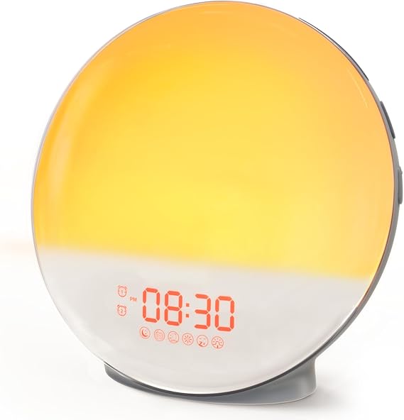 Dekala Grey Sunrise Alarm Clock for Heavy Sleepers, Wake Up Light with Sunrise/Sunset Simulation, Dual Alarms, FM Radio, 7 Colors Night Light, Ideal Gift
