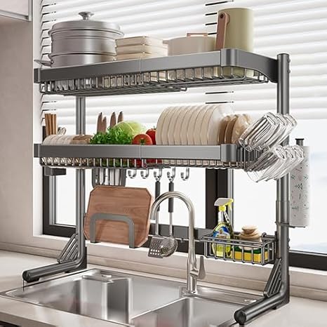 Expandable Stainless Steel Dish Rack with Hanging Basket 20.9" - 33" Adjustable Kitchen Drying Rack Space-Saving Cutlery Drainer for Countertop Nization
