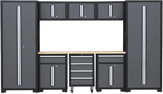 9-Piece Steel Garage Storage Cabinet System with Wooden Work Top, 130 in. L x 18 in. D x 76 in. H Assembled Workshop Chest Cabinet Set in Charcoal Gray