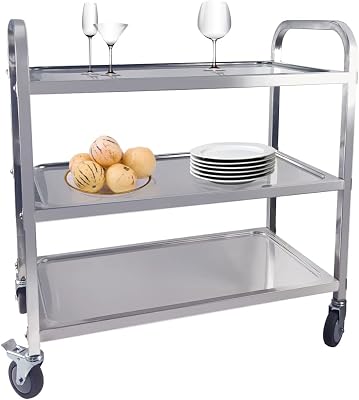 DULONG 3-Tier Utility Cart with Wheels Kitchen Island Stainless Steel Trolley Serving Cart 300 lbs Capacity Catering Storage Shelf with Locking Wheels for Hotel Restaurant Home UseL33.5xW17.7xH35.4