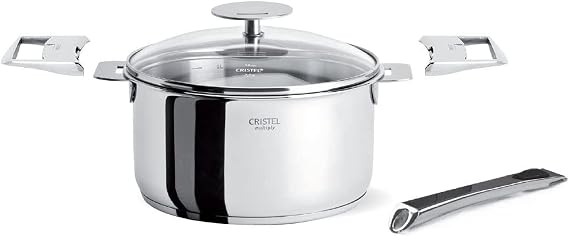 Cristel C14QMPKPPA Casteline Set with 1 qt Saucepan with Lid, long handle and 2 grips (5 Piece), Silver