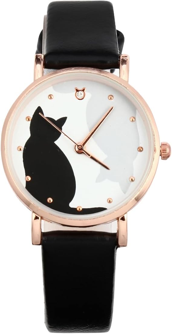 UKCOCO Women Watches Cartoon Lovely Cat Pattern Wrist Watch Leather Quartz Watch for Women Ladies Girls