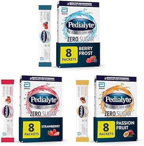 Pedialyte Electrolyte Drink Mix, Zero Sugar, Variety Pack, 24 Single-Serving Powder Packets, Berry Frost, Passion Fruit, Strawberry
