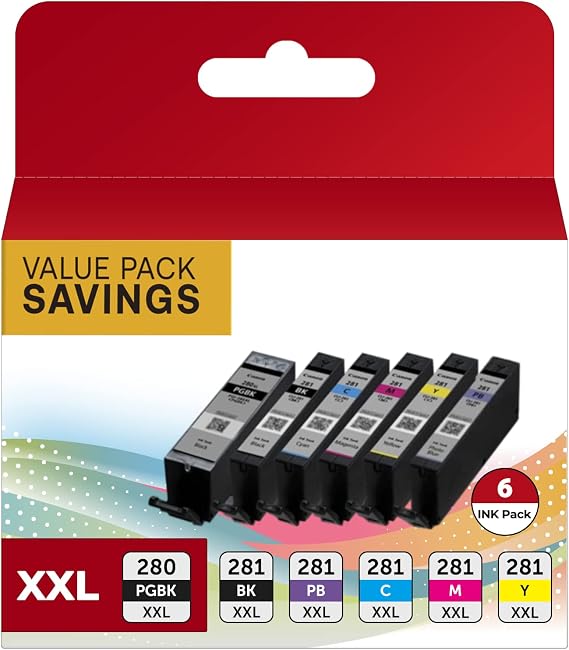 PGI-280XXL/CLI-281XXL Ink Cartridges Compatible Replacement for Canon 280 281 Ink Cartridges Use to Canon TS8120 TS9120 TS8220 TS8320 TS8300 TS8322 TS9100 6 Value Pack