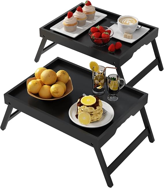 Youpehom Bamboo Bed Tray Tables with Folding Legs, Medium, 2-Pack, Black