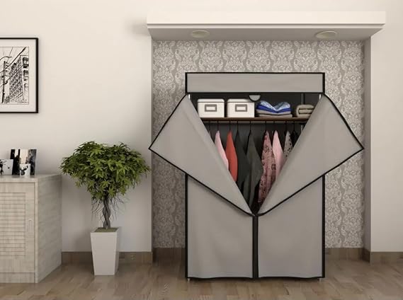 Home Dzgn Home Metal Çelik Borulu Plastik Raflı Ekonomik Bez Dolap Gardırop Portatif Gardırop-Gri