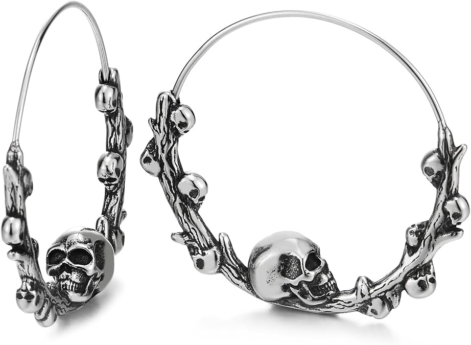 Stainless Steel Skull Hoop Earrings for Women, Gothic Branch Vine Wrap Design, Antique Silver Tone Punk Jewelry