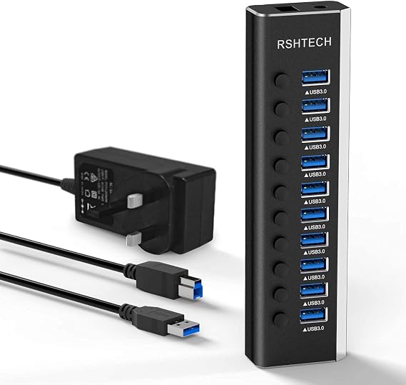 RSHTECH Powered USB 3.0 Hub, Aluminum 10 Port USB 3.0 Data Hub (RSH-A10)