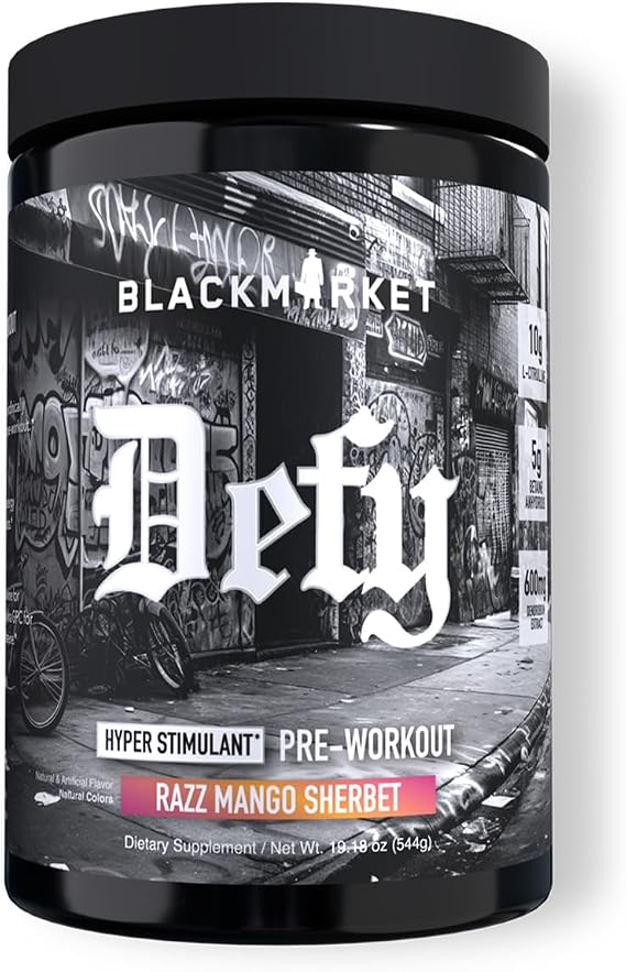 BLACKMARKET DEFY High-Stimulant Pre-Workout Powder | 450mg Caffeine, Eria Jarensis, Dendrobium, L-Citrulline | Razz Mango Sherbet Flavor | Intense Energy, Pump & Focus | 40/20 Servings