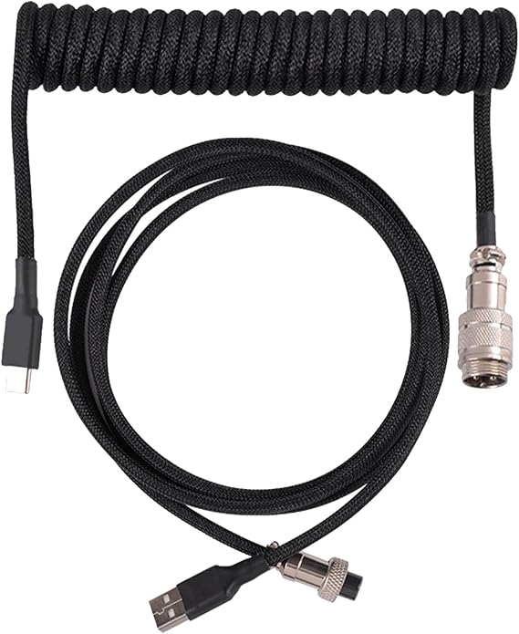 Coiled USB C Keyboard Cable for Gaming Keyboard, Double-Sleeved Mechanical Keyboard Cable with Detachable Metal Aviator, 1.5M USB-C to USB-A(Black)