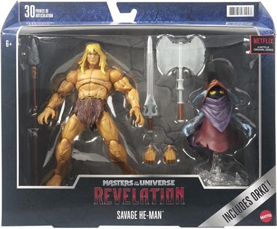 Masters of The Universe Masterverse Revelation Savage He-Man Action Figure with 30+ Articulated Joints, 3 Weapons, Harness & Orko Figure with Floating Base, 7-inch Motu Collectible Gift
