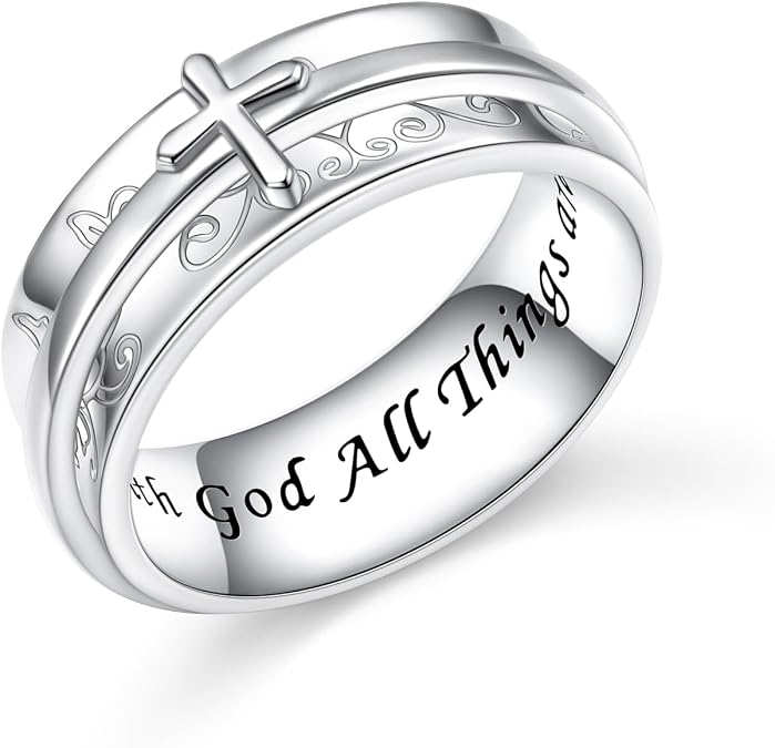 Ladytree 925 Sterling Silver Cross Spinner Ring for Women Christian Anxiety Fidget Ring Faith Jewelry Inspirational Gift for Her