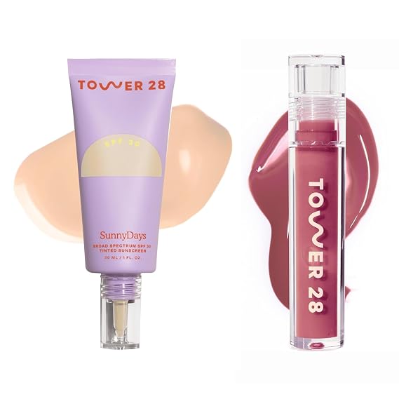 Tower 28 ShineOn Milky Lip Jelly, SESAME Beauty SunnyDays SPF 30 Tinted Mineral Sunscreen For Sensitive Skin Shade 15