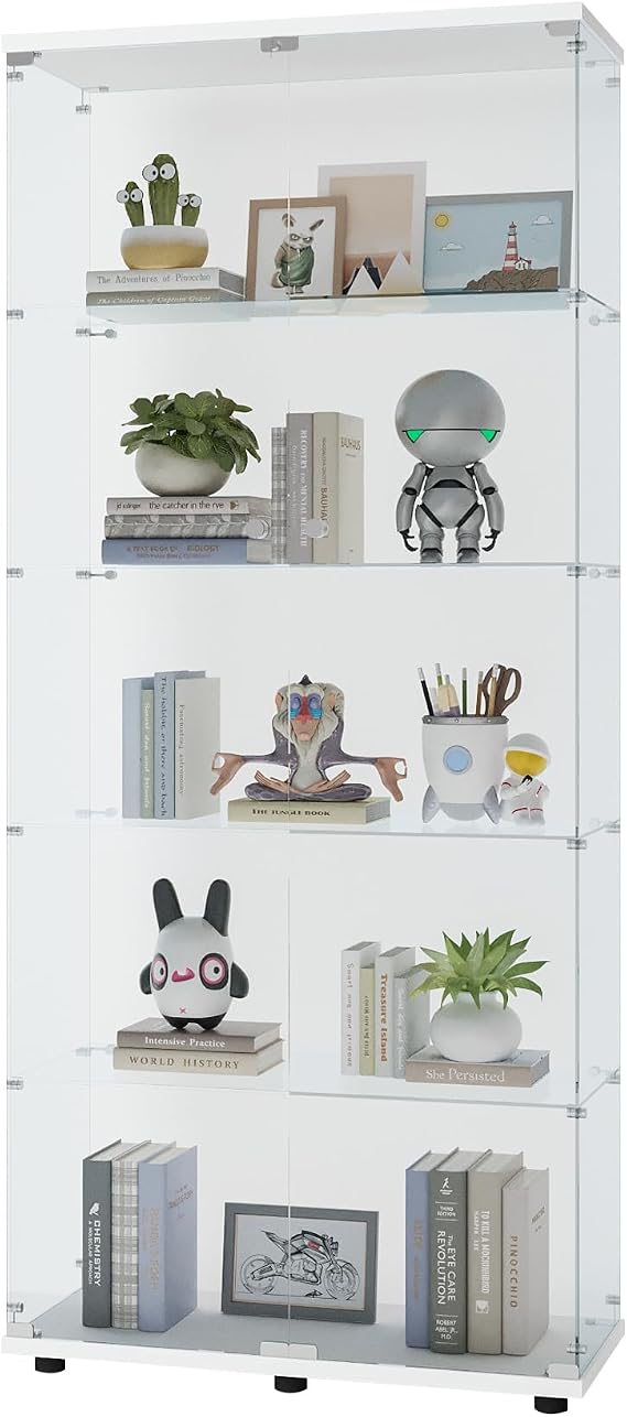 HomVent 5-Shelf Glass Door Cabinet Display, Glass Square Tower with Double Door for Home (White, 5 Shelves)