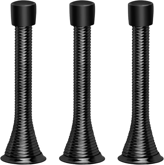 3-Pack Spring Door Stop, Door Stoppers Mounted on Wall or Doors, Skirting Board Buffer, Thickened Spring Steel with Rubber Tip (Black)