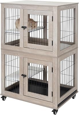 unipaws Wooden 2-Tier Cat Cage, Indoor Cat House with Removable Tray, Cat Enclosures Indoor Kennel with Lockable Casters, 3 Platforms, Cat Kitten Playpen, 30.7 W x 22 D x 50 H