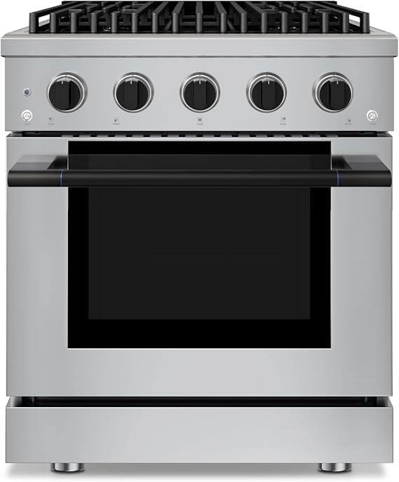 Hauslane 30" Gas Range Stainless Steel, 4 Burners up to 20,000 BTU 4.2 cu. ft., Convection Oven with 5 Rack Positions, Convertible NG/LP Cool-Touch Triple-Layer Door Matte Black