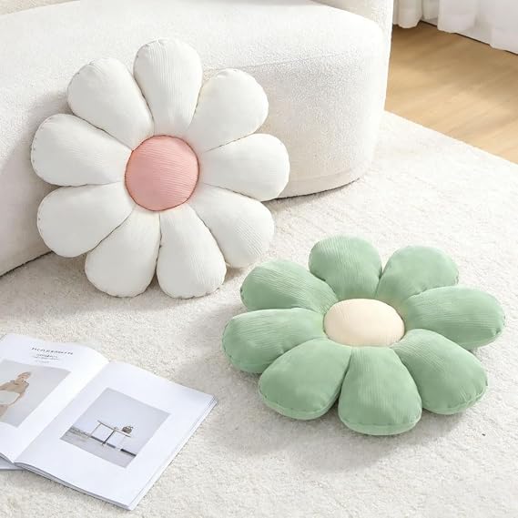 Flower Pillow, 2 Pcs Cute Flower Cushion Floor Pillow, 38 cm Soft Daisy Floor Cushion, Petal floor pillow Aesthetic Room Decor for Bedroom Sofa Chair (Green+White)
