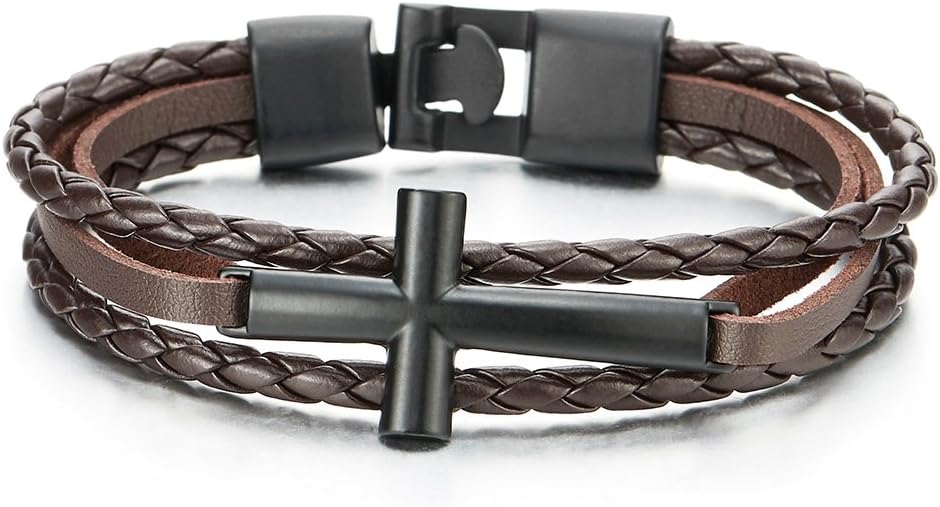 COOLSTEELANDBEYOND Unisex Braided Leather Bracelet, Black Sideways Cross Stainless Steel Wristband, Religious Jewelry Gift