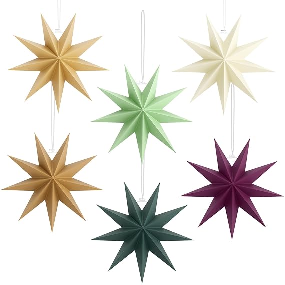 6pcs Paper Star Lanterns 9 Pointed 30cm Christmas Hanging Decorations DIY 3D Hanging Paper Stars for Christmas Birthday Wedding Party Decoration