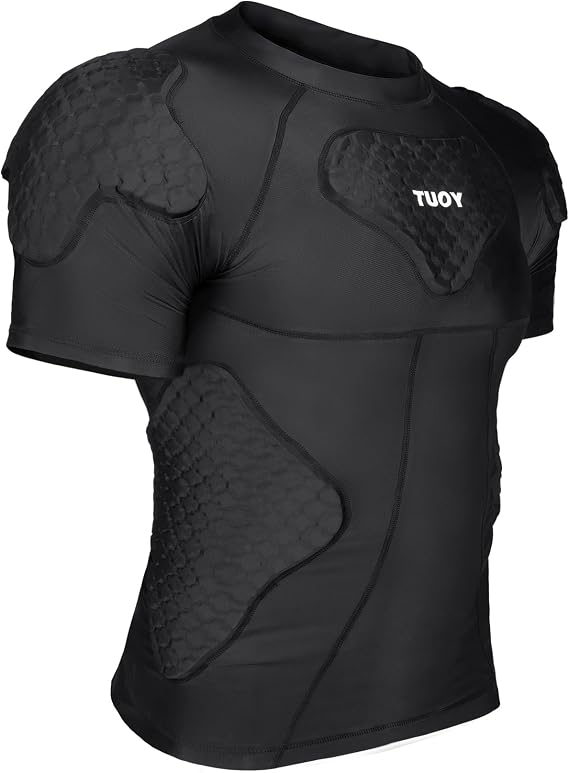 Men's Padded Shirt Football Chest Rib Protector Heart Sternum Guard Compression Shirt with Shoulder Back Rib Pads for Adult Football Basketball Baseball Softball Rugby