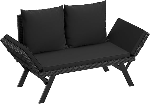 Flamaker Patio Furniture Rattan Convertible Sofa with Adjustable Arms Black