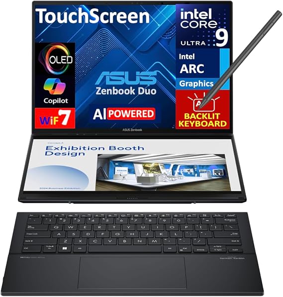 ASUS Zenbook Duo AI Powered 2-in-1 Laptop 14.0" Touchscreen OLED 2.8K Display (Intel Ultra 9-285H, 32GB LPDDR5X, 4TB PCIe SSD, Active Pen, Backlit KB, 2 Thunderbolt 4, WiFi 7, Webcam, Win 11 Home)