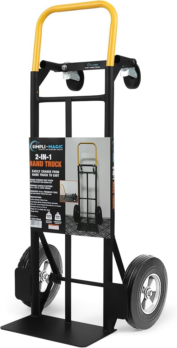 Simpli-Magic 2 in 1 Convertible Hand Truck and Dolly, 800LBS Heavy-Duty Moving Dolly Cart with 10" Flat Free Rubber Wheels & Handle