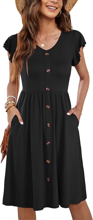 WNEEDU Women V Neck Ruffle Sleeve Summer Dresses with Pockets