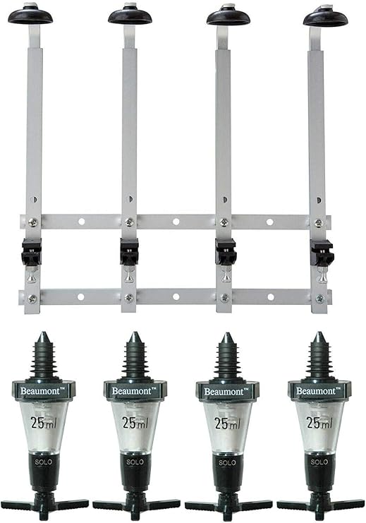 Beaumont 4 Bottle Wall Fixing Bottle Bracket &amp; 4 x 25ml Solo Optic Spirit Measure Set