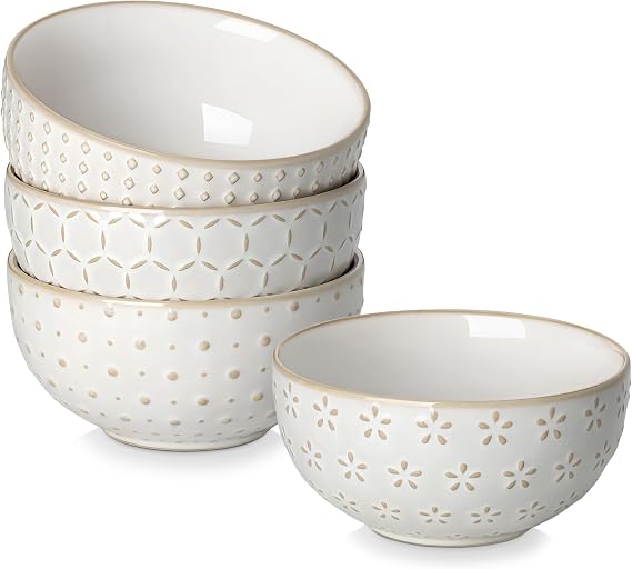 MALACASA Small Bowls, 14 Ounce Ice Cream Bowl, Stoneware Dessert Bowls Set of 4 with Embossment for Snack, Chip, Fruits, Side Dishes - 4.5 Inch, Arctic White Series LYDIA