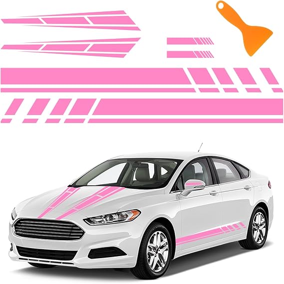 6PCS Racing Stripes for Cars - 2PCS Car Hood Decal + 2 Car Side Decals + 2 Car Mirror Stickers,Water-Resistant Stylish Car Decal Exterior CCar Accessories for Cars,Trucks (Pink)