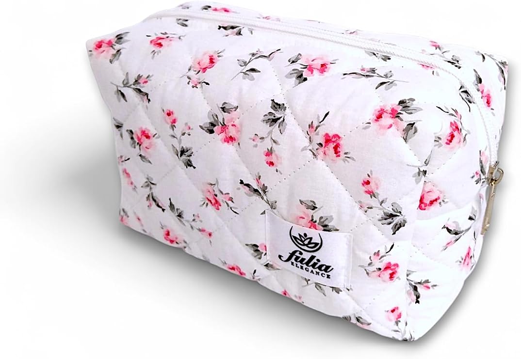 Makyaj Çantası | Makeup Bag | Kapitone Bakım Seyahat Kozmetik Çantası (Beyaz-Pembe)