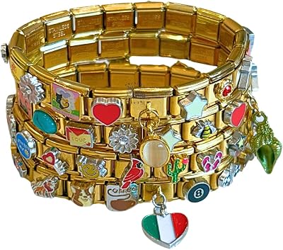 Full Gold Italian Charm Bracelet - Set of 1 Assembled Vintage Style with 18 Unique Styles Links Designs Tourist Souvenir Single Bracelet, Mystery Charms