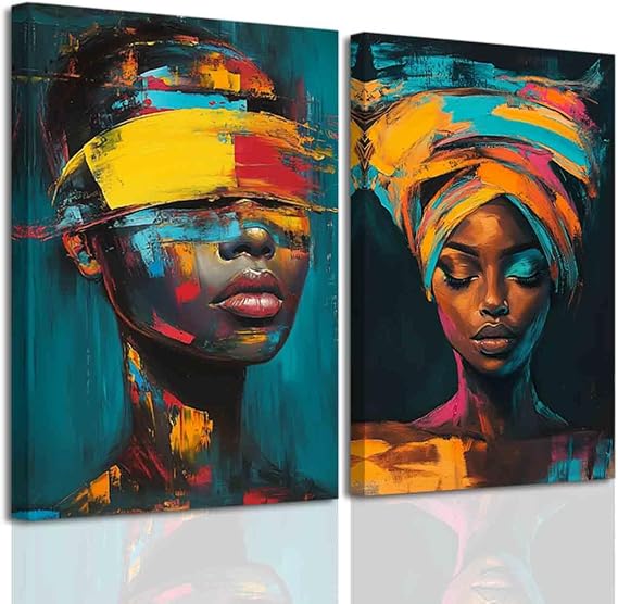 BJYCHG 2Pcs African American Canvas Wall Art Colorful Graffiti Black Women Painting Abstract Afro Girl Portrait Magic Poster Modern Bedroom Room Decor Framed (Teal, (11x14inx2 Pieces))
