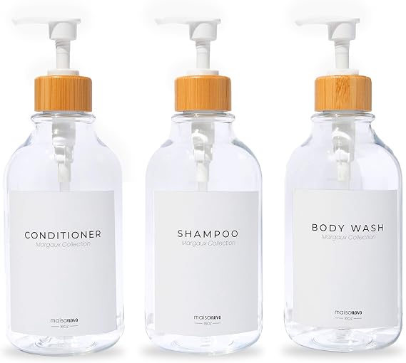 MaisoNovo Refillable Shampoo and Conditioner Bottles| Clear Bamboo Set of 3