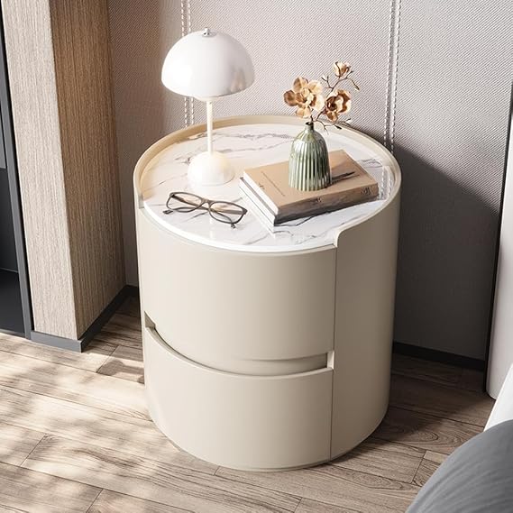 LITFAD Cylindrical Bedside Table Trendy Sintered Stone Top Nightstand with Drawer Storage Side End Table for Bedroom Hotel, Off-White 16" L x 16" W x 19.5" H