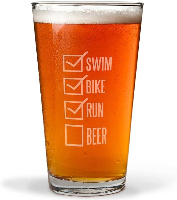 Gone For a Run Swim Bike Run Checklist Engraved Beer Pint Glass | 16 oz.
