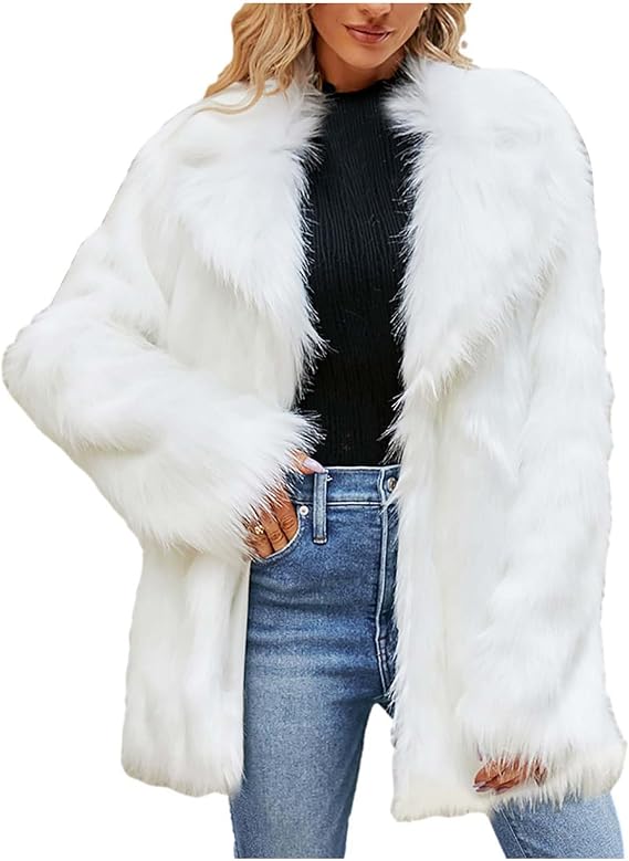 Faux Fur Winter Long Coats Women Warm Lapel Faux Fur Fuzzy Coat Jacket Overcoat Fashion Open Front Cardigan Outerwear
