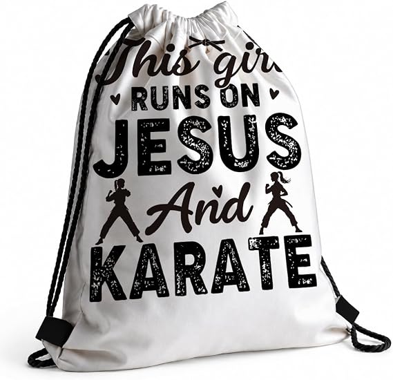 Lightweight Drawstring Sport Bag, Martial Arts Bag - This Girl Runs on Jesus and Karate, Christian Drawstring Backpack, Quick-drying and Moisture-proof Cinch Bags for Gym, Sports, Training 087