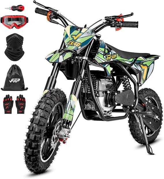 FRP FX40-Ogemaw Kids Dirt Bike, 40CC 4-Stroke Gas Powered Mini Dirt Bike with Goggles/Neck Gaiter/Gloves, 20 MPH Max Speed, Dual Disc Brakes, 132 LBS Capacity - Green