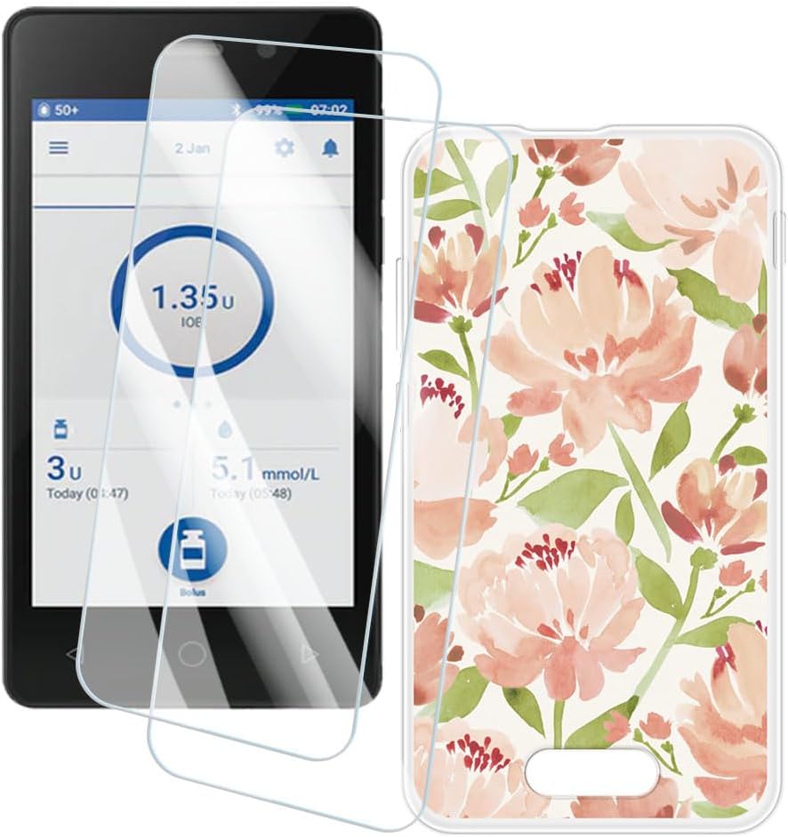 2個セット スクリーンプロテクター + ケース Omnipod DASH 4 インチ との互換性あり アーティスティックカスタムプリントカバーと強化ガラスフィルム スクラッチ防止 花