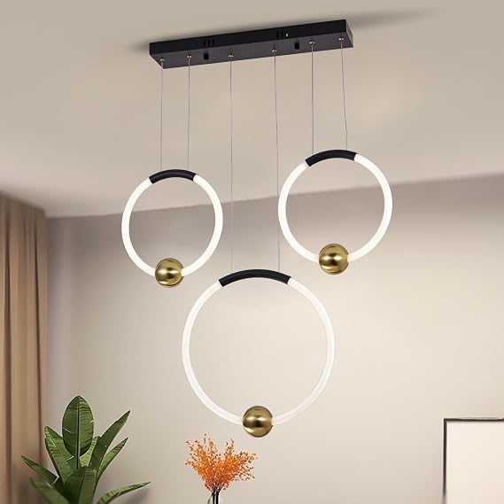 3 Ring LED Linear Chandelier, Modern Black Dimmable Pendant Lighting Farmhouse Adjustable Height Hanging Light Fixture for Dining Room Kitchen Island Living Room Restaurant, 65W