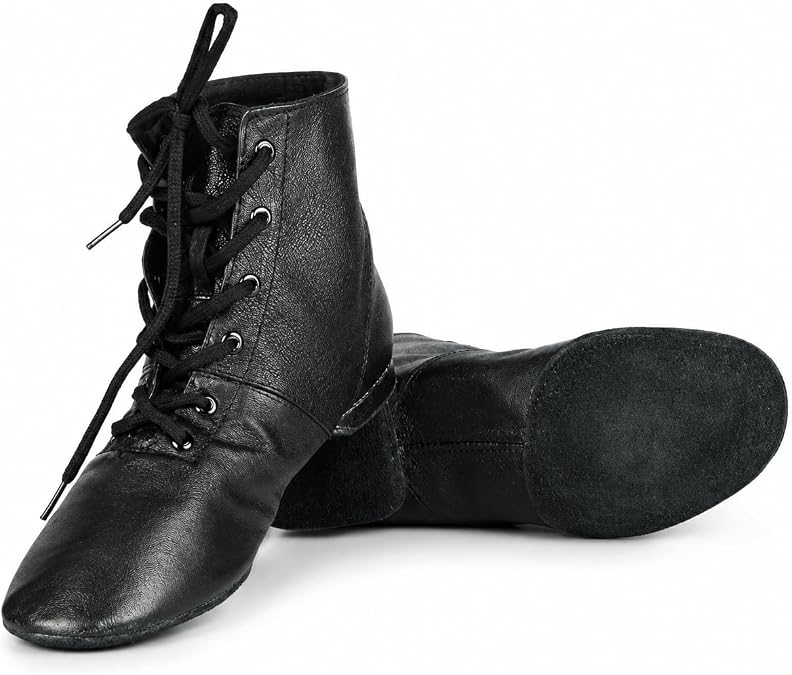 TMEEIHNSS Cheapdancing Womens Leather Practice Dancing Shoes Jazz Boots Soft-Soled High Boots, Black