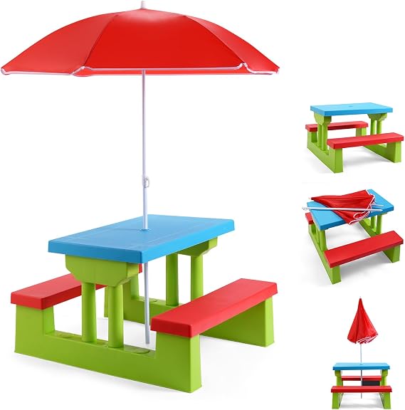 Kids Picnic Table, Kids Outdoor Table and Chairs with Removable and Adjustable Umbrella, Portable Toddler Picnic Table for Patio, Backyard, Garden (Red)