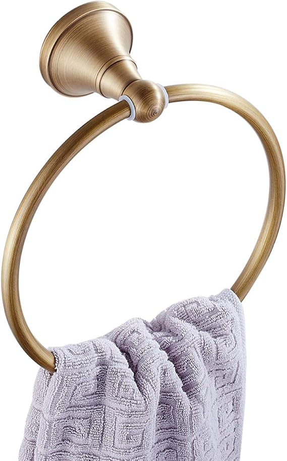 Flybath Round Towel Ring Holder Brushed Brass Antique Wall Mount | 180 Rotation, Rust-proof, Sturdy, Vintage Gold Hand Towel Holder Stand, Retro Bronze Kitchen Bathroom Small Robe Hanger